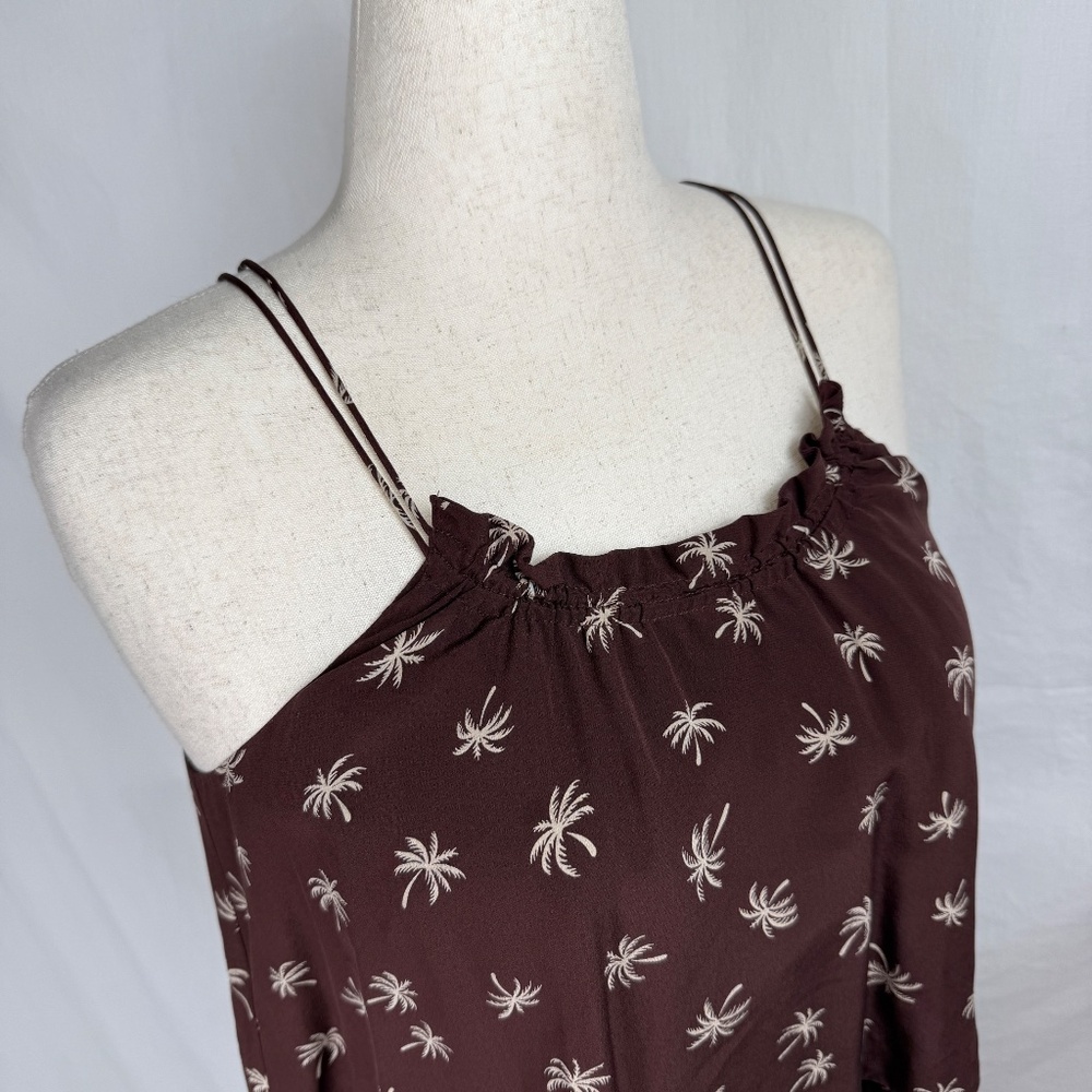 Madewell 100% Silk Chocolate Brown Palm Tree Mini Dress Size 4 Wedding Guest